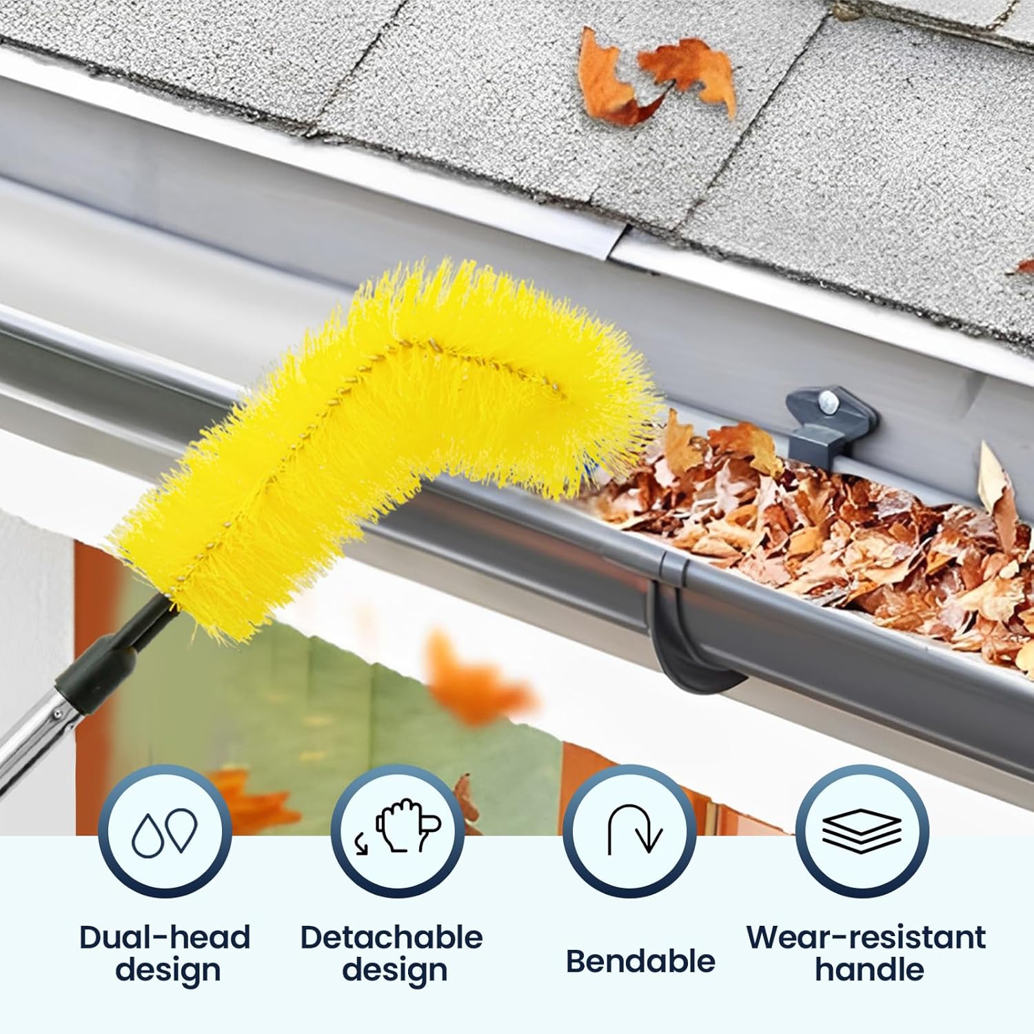 Gutter Cleaning Brush, Extendable Gutter Cleaning Tools for Removing Leaves, Debris and Twigs, 8 Stainless Steel Tubes and 2 Brush Head, 10.5 feet Long Gutter Cleaning Brush Roofing Tool (Yellow)