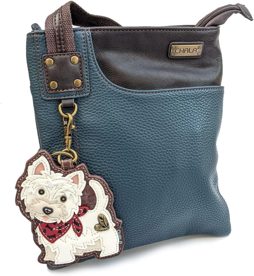 Chala Crossbody Phone Purse | SOFT PU Leather SWING Bag with Chala Key fob (Navy_ Westie)