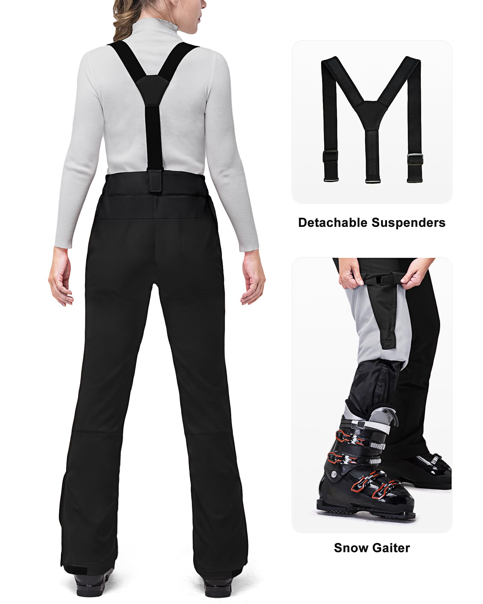 33,000ft Pantalones de esquí para mujer, pantalones con tirantes, impermeables, resistentes al viento, de softshell, cálidos, forrados, para nieve, snowboard, esquí o senderismo, Negro , L
