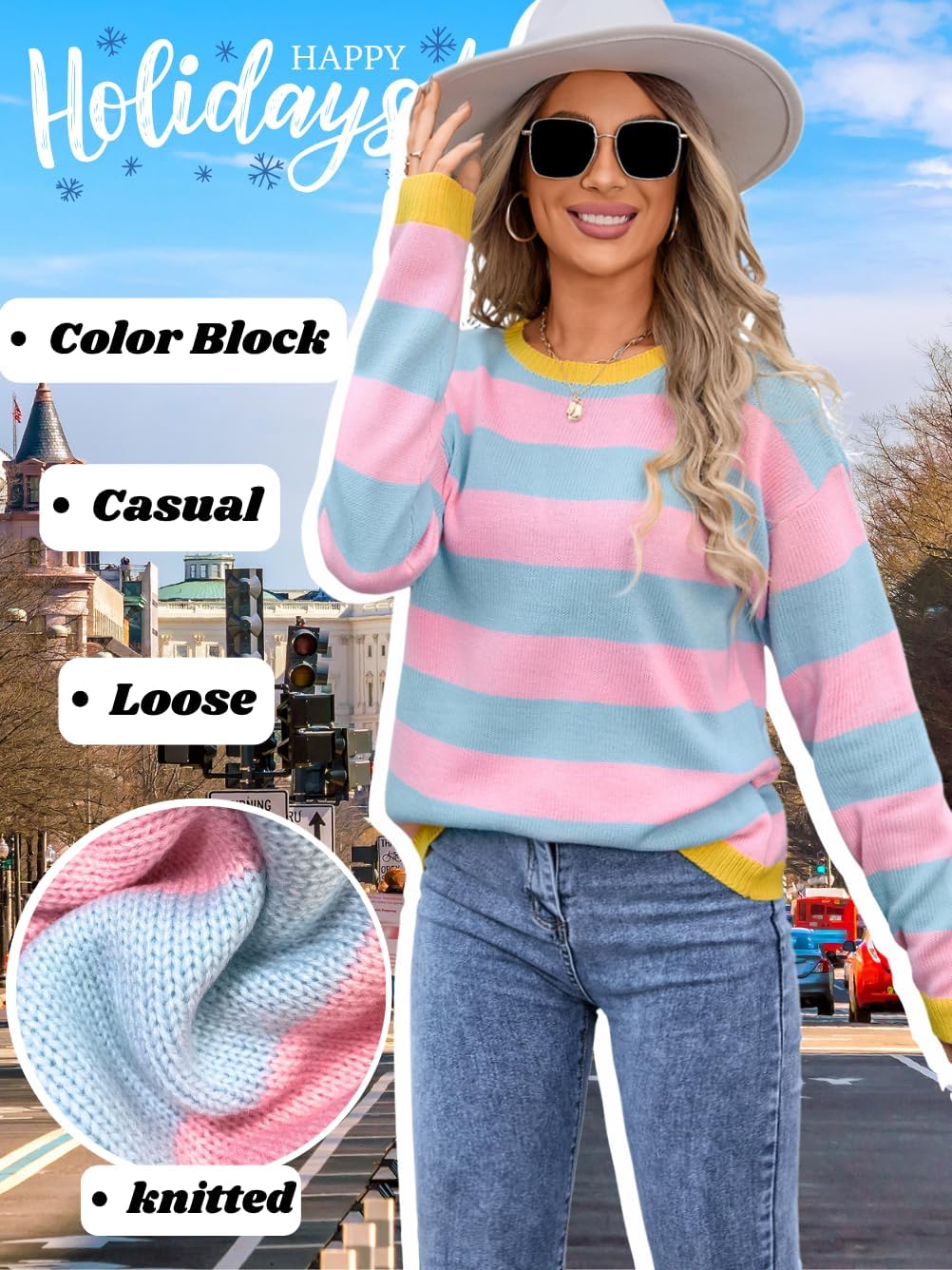 Colorful Striped Sweater,Cute Color Block Sweaters for Women,Fall Knit Tops Family Photo Costume - Image 2