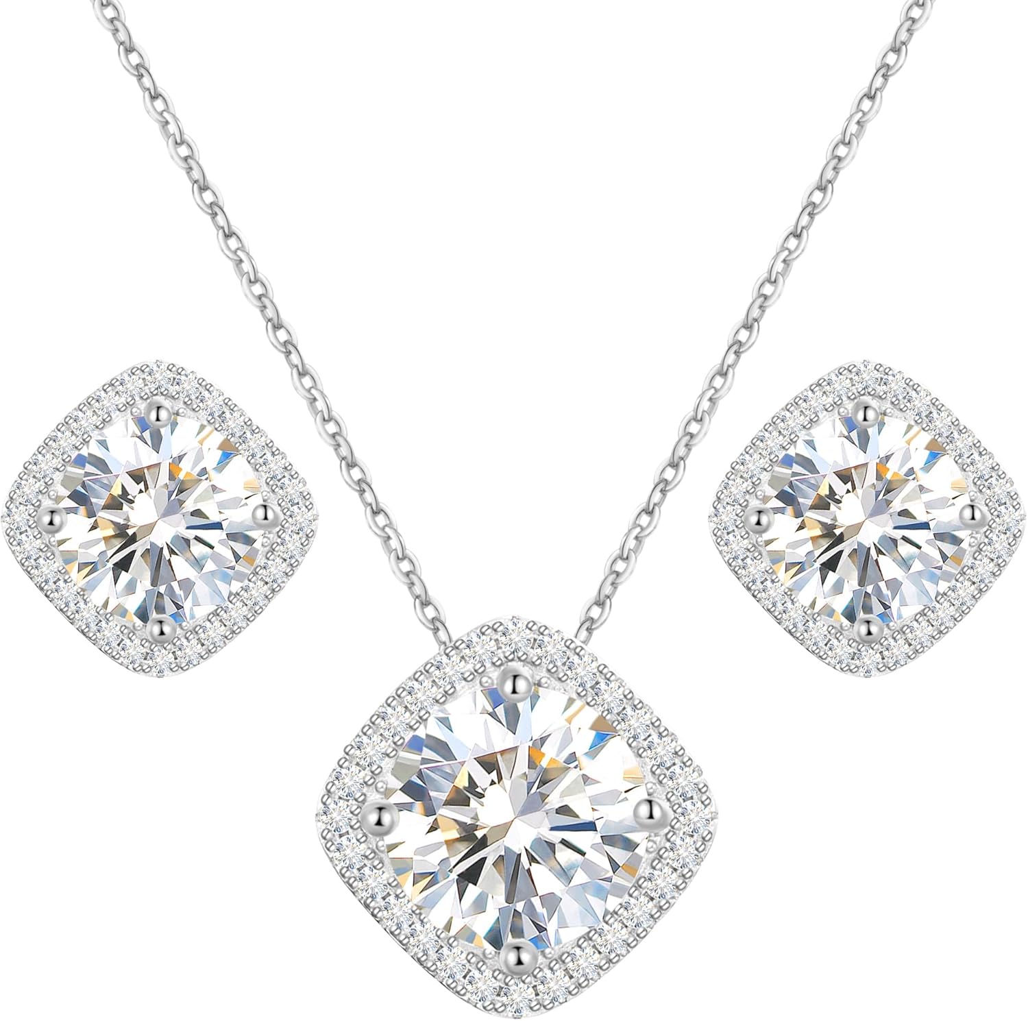 Square Moissanite Diamond Earrings and Necklace Set for Women/Men 18K White/Yellow Gold Sterling Silver Moissanite Jewelry Set for Bridal Wedding Birthday Anniversary Party