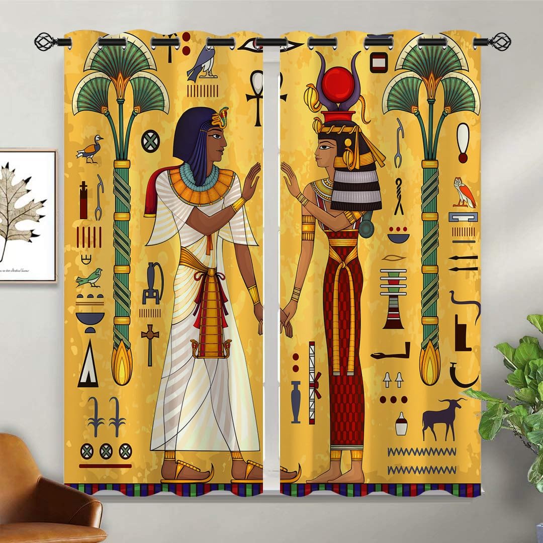Ancient Egyptian Blackout Curtains for Girls Boy Home Decor, Mysterious African Pharaoh Queen Grommet Thermal Insulated Drapes Darkening Window Curtain for Bedroom Living Room, 42 x 45 Inch