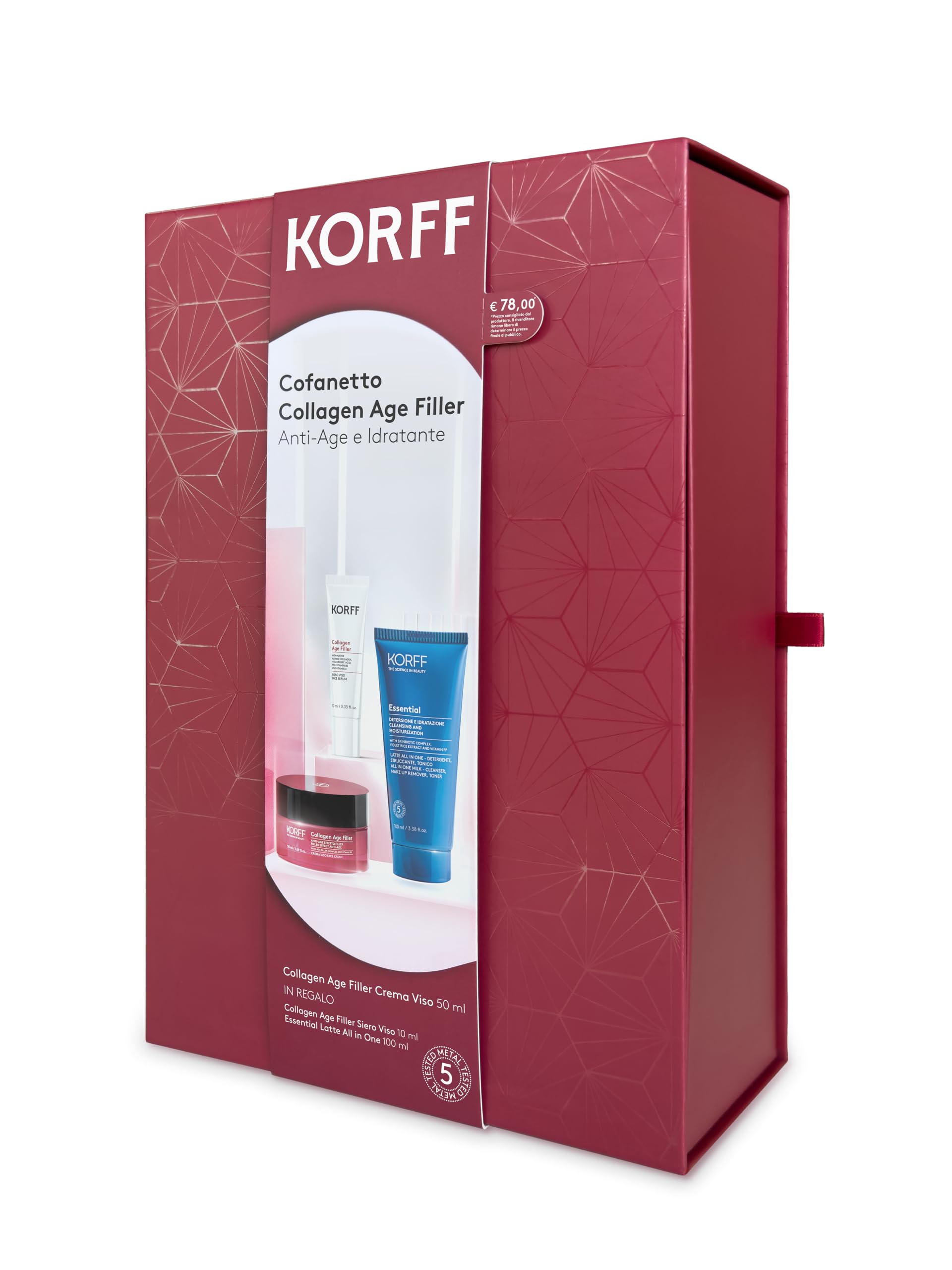 Korff Zestaw upominkowy z kolagenem wypełniaczem, nawilżający krem do twarzy z kolagenem, krem do twarzy z kolagenem 50 ml, wypełniacz do twarzy z kolagenem i serum do twarzy 10 ml i Essential mleko