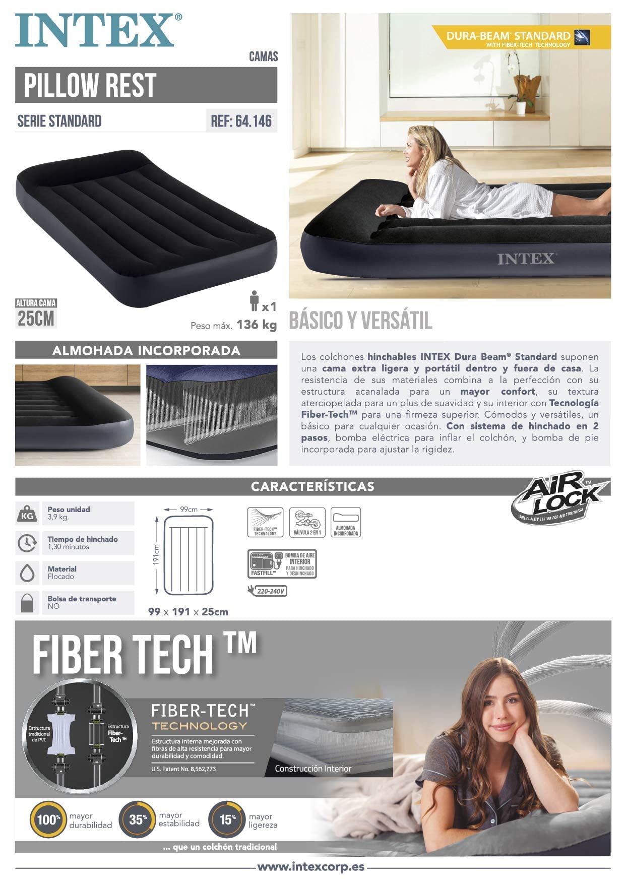 Intex Twin Pillow Rest Classic Airbed W/Fiber-TECH BIP, 99 x 191 x 25 cm