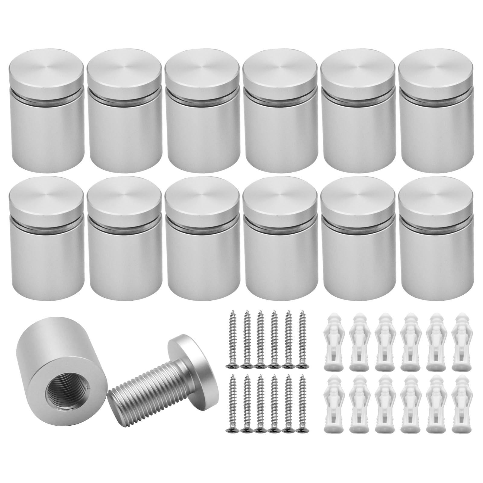 Kenshire Satin Chrome Anodized 12Pcs 19X20mm Solid Aluminum Sign Standoff Wall Mounts Advertising Screws Fixing Standoffs Fixings For Acrylic Signs Display (Satin Chrome Anodized)