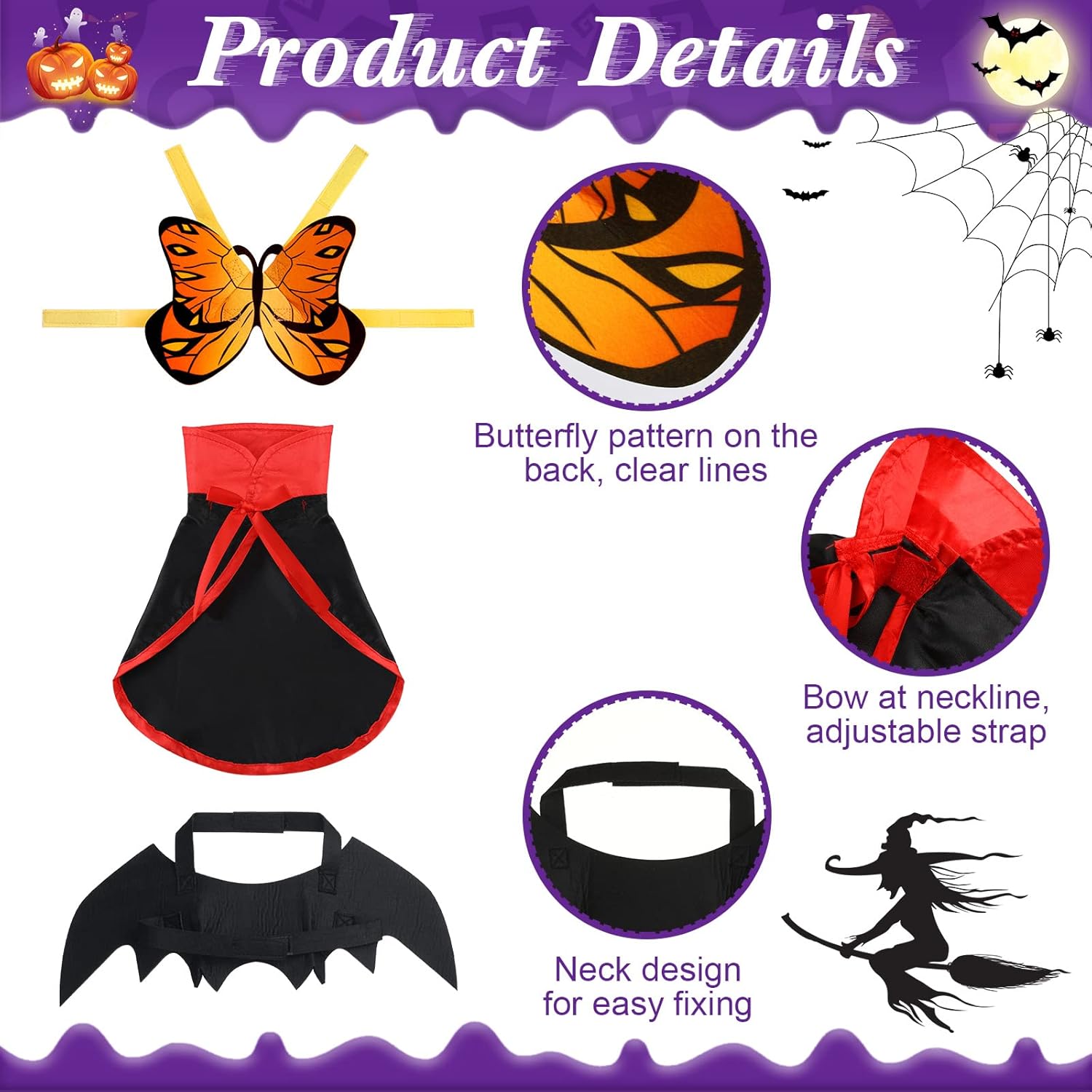 JaGely 8 Pieces Halloween Pet Costume Set 4 Colorful Cat Dog Butterfly Cloak 1 Bat Wings 1 Dinosaur Wings 1 Vampire Cloak 1 Pumpkin Cape for Halloween Party Decoration Cosplay Dress up Accessories