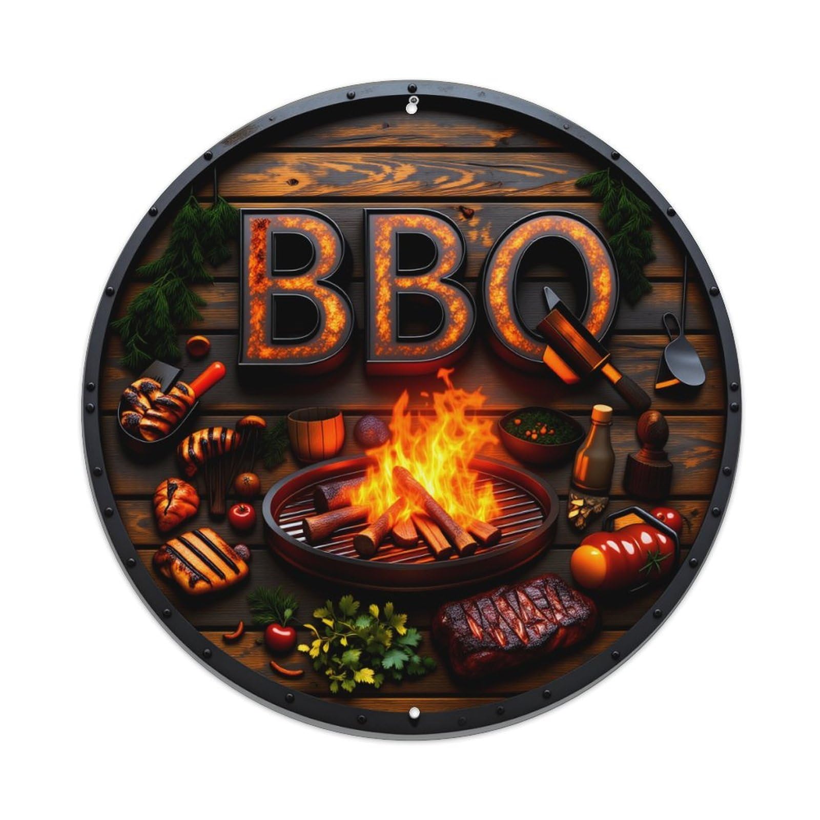 Barbecue Grill Fire Meat Vegetables Herbs Tools Wood Background