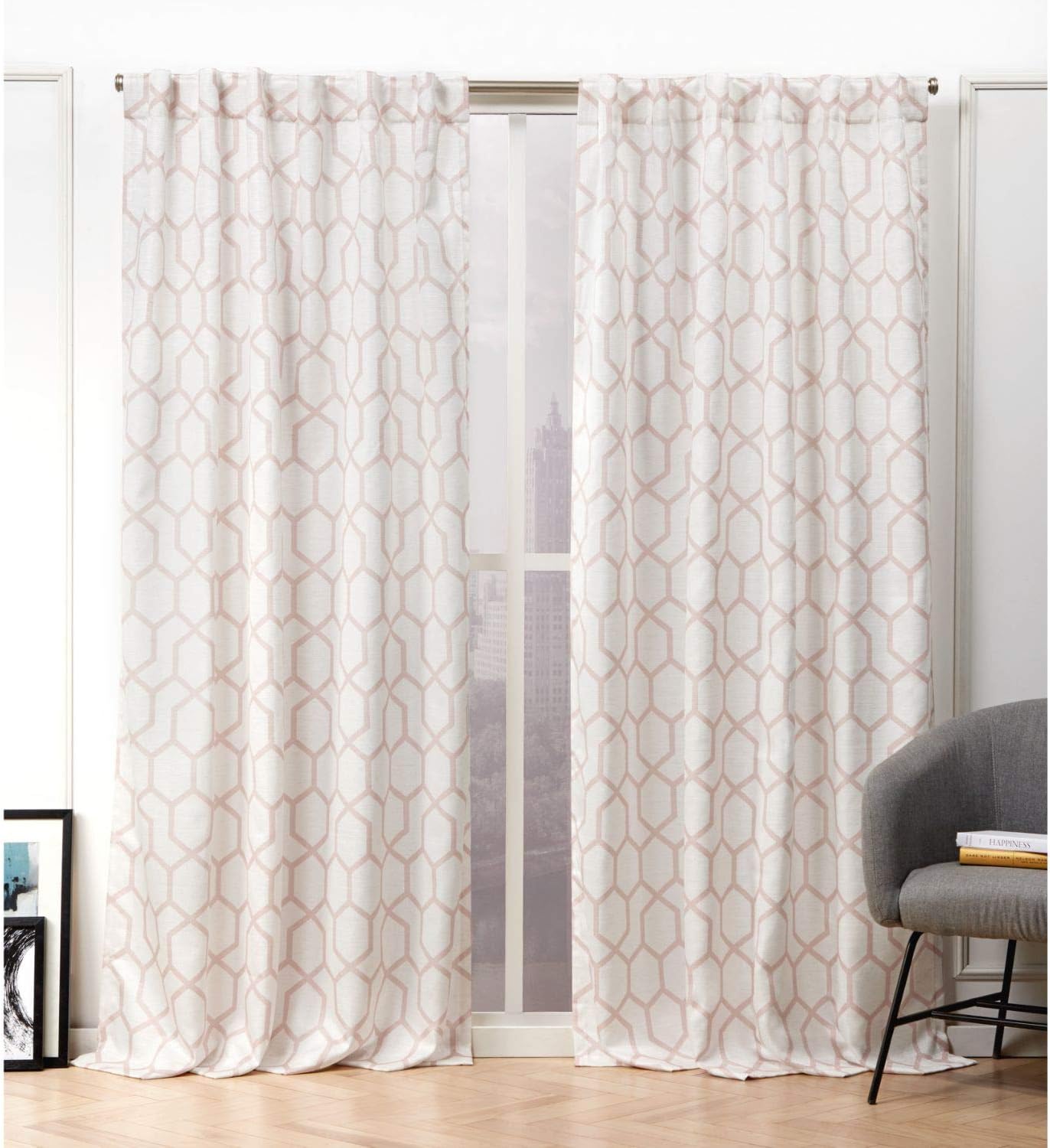 NICOLE MILLER NEW YORK Hexa Geometric Print Hidden Tab/Rod Pocket Top Light Filtering Curtain Panel Pair, 54"x96", Blush