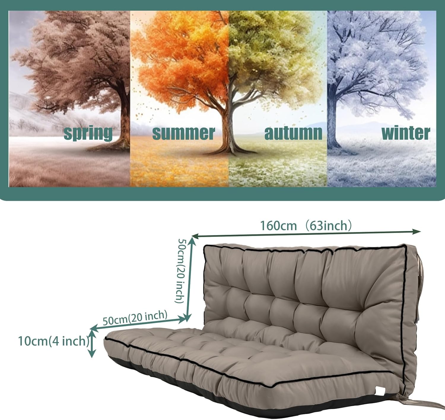 Replacement Cushions for Swing, Swing Cushions 3 Seater Replacement, Waterproof Thicken Washable Cushion for Outdoor Indoor Furniture Swing Patio (Khaki, 40x63 inch)