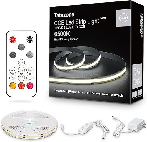 Tira de luces LED COB blanca Tatazone Max con control remoto RF, 5m 6500K luz de tira de mazorca ultra brillante regulable de luz blanca diurna,