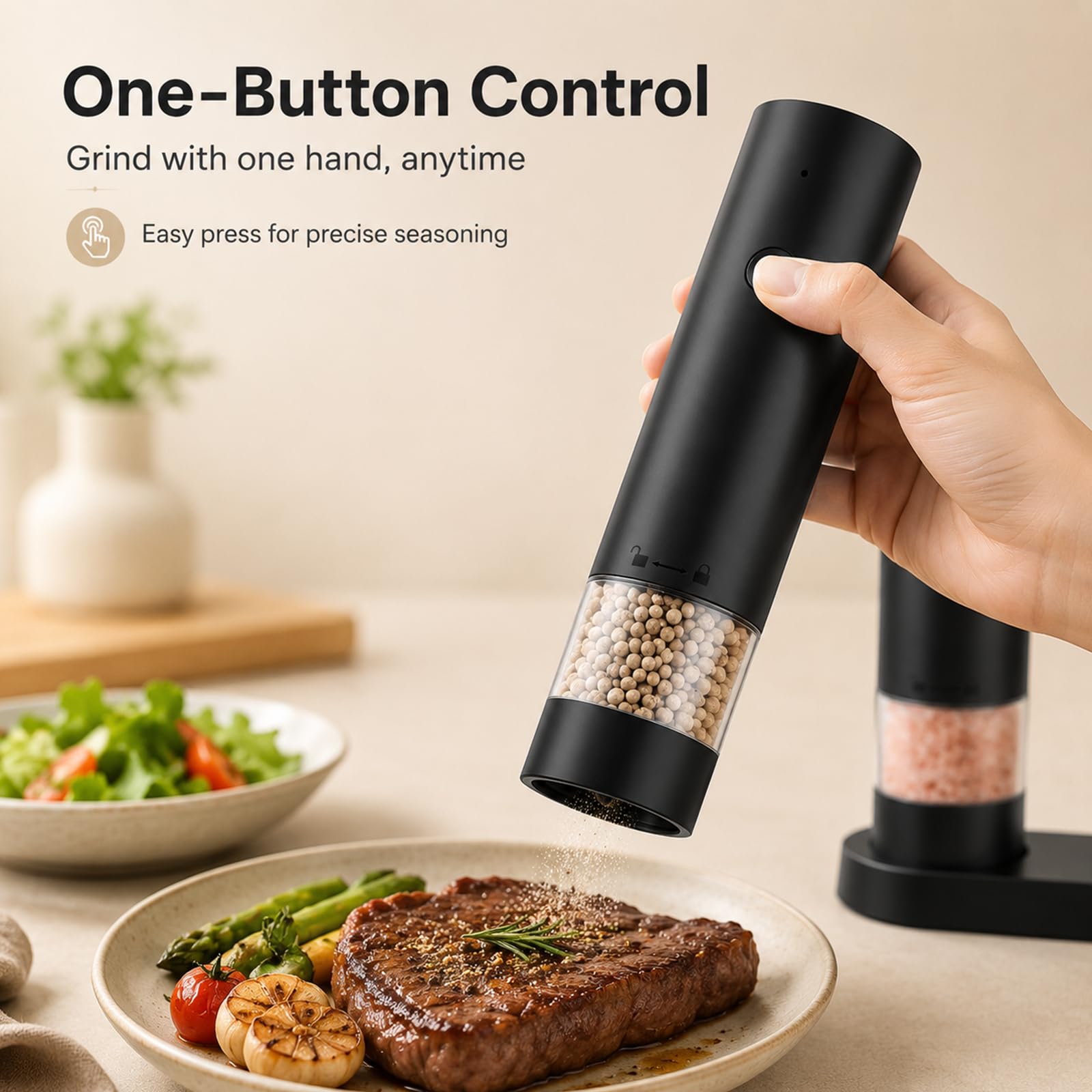 Set of 2 Electric Salt and Pepper Mills, Automatic Pepper Mill with Storage Base, 4 Speed ​​Settings, for Grinding Spices