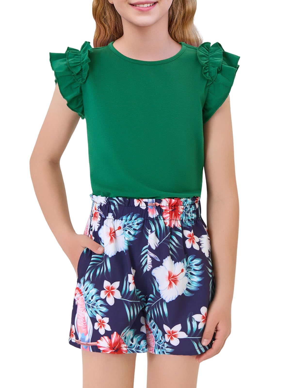 Haloumoning Girls 2 Piece Summer Outfits Clothes Ruffle Short Sleeve Shirts and High Waist Paper Bag Shorts Sets with Pockets