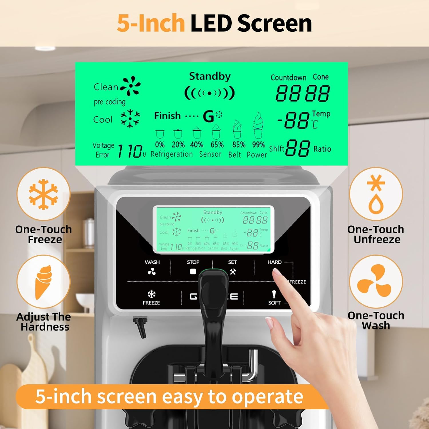 Ice Cream Machine – 3.5 Gals/H Single Flavor Ice Cream Maker 5 Inch Screen Soft Serve Ice Cream Machine with Pre-Cooling Soft Serve Machine with 1.6 Gals Tank for Home, Parties,Cafés,and School