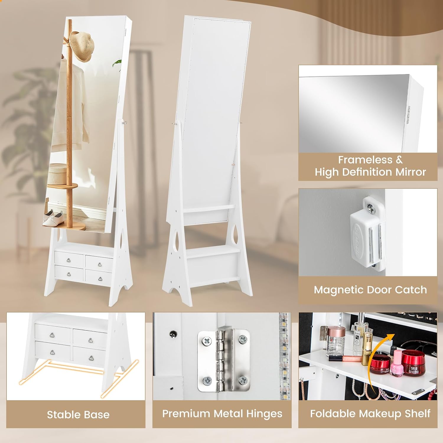 GOFLAME Jewelry Cabinet Freestanding, 3-Color LED Jewelry Armoire with Full-Length Frameless Mirror, Foldable Shelf, Bottom Shelf & 6 Drawers, 3 Adjustable Angles, Built-in Mirror, Lockable, White