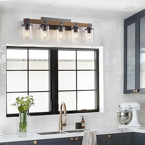 Miniatura 9 de Lámparas de baño rústicas de granja sobre el espejo, iluminación de tocador de madera vintage con vidrio transparente, lámpara de pared industrial