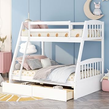Harper & Bright Designs Solid Wood Twin Over Full Bunk Beds with Storage Drawers, Bunk Beds for Kids with Ladder and Guard Rail, White