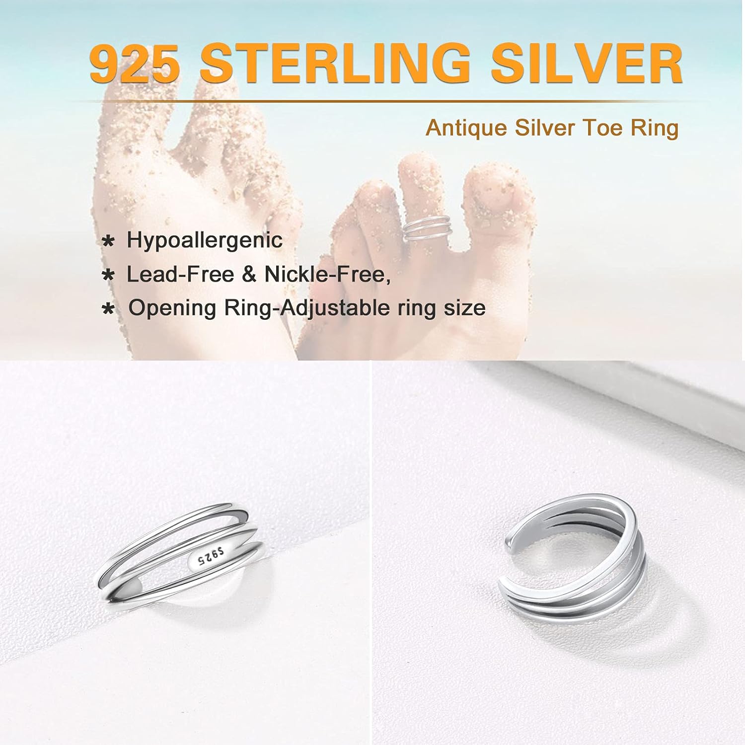 SILVERCUTE Toe Ring, Chic 925 Stamped Toe Ring, Band/Leaf Toe Ring, Sterling Silver Open Adjustable Toe Ring Set, Adjustable Pinky Rings