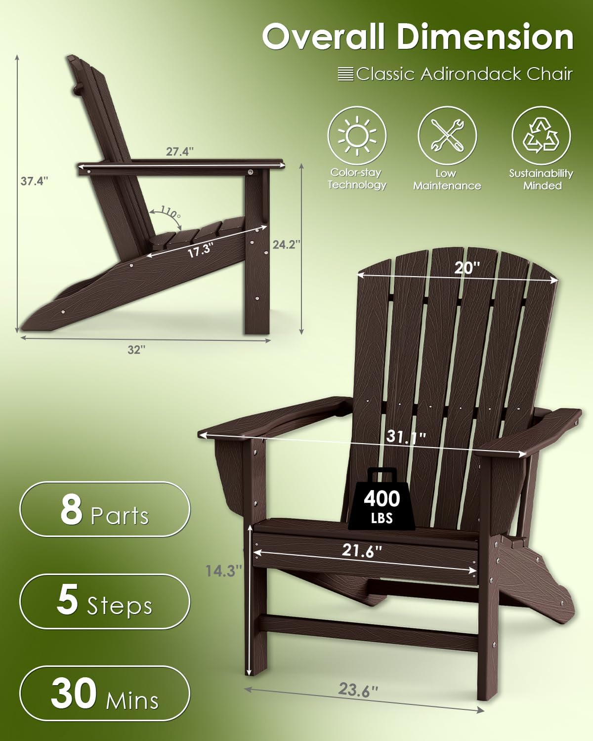GREENVINES Adirondack Chairs Set of 2 | Wood Grain HDPE Plastic | Oversized Fire Pit Chair | All Weather | Dark Brown | Poly Lumber | for Outdoor Deck Backyard Patio Garden