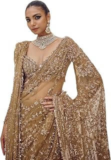 Bollywood inspired Designer Net Saree with hand embroidered unstitched blouse, Traditional Wedding Wear.
