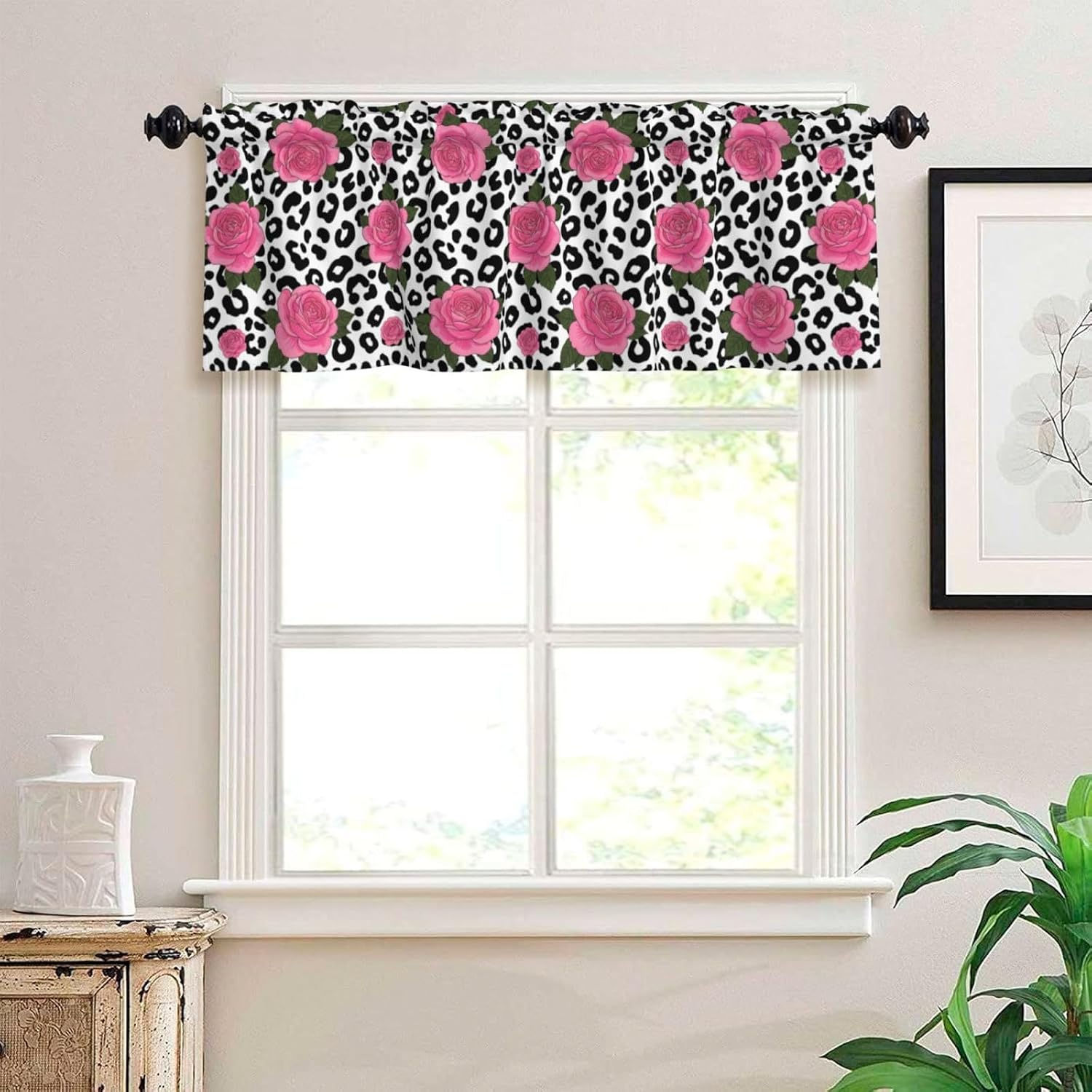 Valance for Windows Pink Roses Black Leopard Print Decorative Rod Pocket Kitchen Curtain Valances Short Window Valance Curtains for Living Room Bedroom Bathroom 1 Panel 54x18Inch