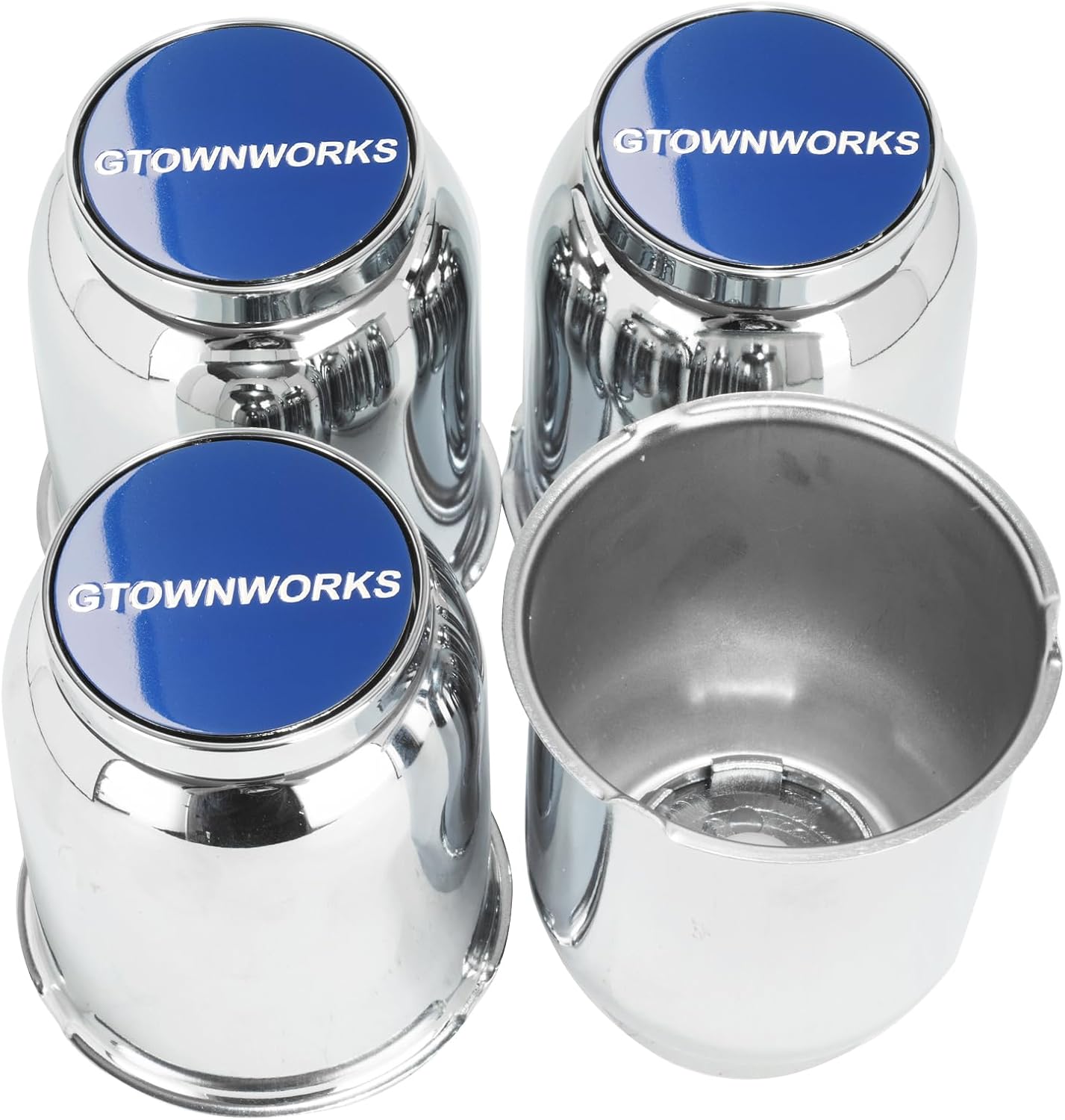 4PCS 3.19 Inch Floating Trailer Wheel Center Caps - Chrome Steel Push Through Hub Caps for Truck RV SUV with Blue Emblem (Fits 3.19" Center Bore)