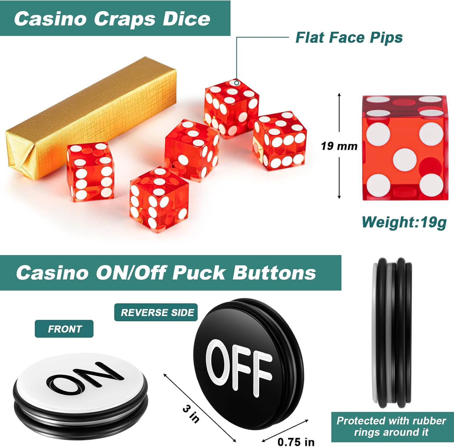 Leyndo Craps Tabletop Game Set, Includes 48"x11" Rubber Craps Diamond Pyramid Bumper, Casino Grade AAA 19mm Dice, 3 Inch On/Off Buttons for Casino Poker Nights(Green)