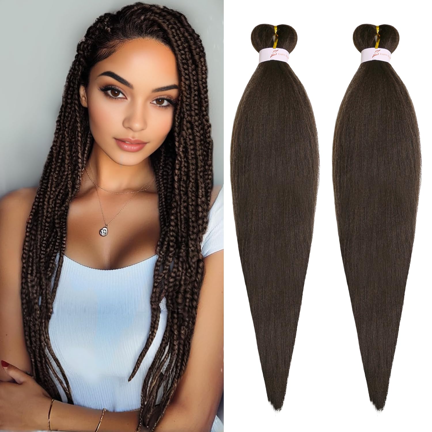 Photo 1 of 16 Inch Dark Brown Braiding Hair Pre Stretched, 2 Packs Synthetic Braiding Hair Extensions for Braids Hot Water Setting Soft Yaki Texture 4# Crochet Braids(16 Inch, 4#)