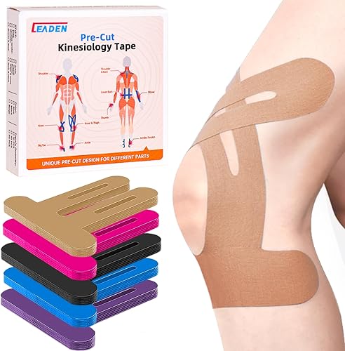 Miniatura 14 de IEADEN Cinta de kinesiología precortada para rodillas, 10 unidades, soporte y estabilidad de rodilla, cinta atlética para aliviar el dolor de Negro