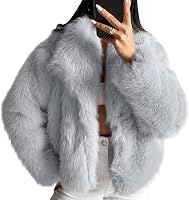COZYPOIN Women's Fluffy Faux Fur Jacket - Cropped Fuzzy Winter Coat Long Sleeve Lapel Button Down Outerwear