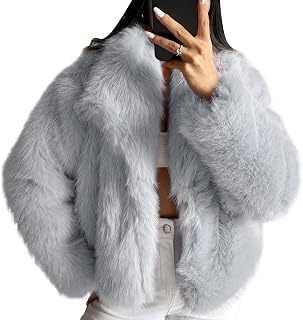 COZYPOIN Women's Fluffy Faux Fur Jacket - Cropped Fuzzy Winter Coat Long Sleeve Lapel Button Down Outerwear