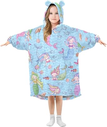 ATTX Oversized Cute Mermaid Girl Blanket Hoodie for Kids, Cozy Flannel Wearable Blanket Sweatshirt