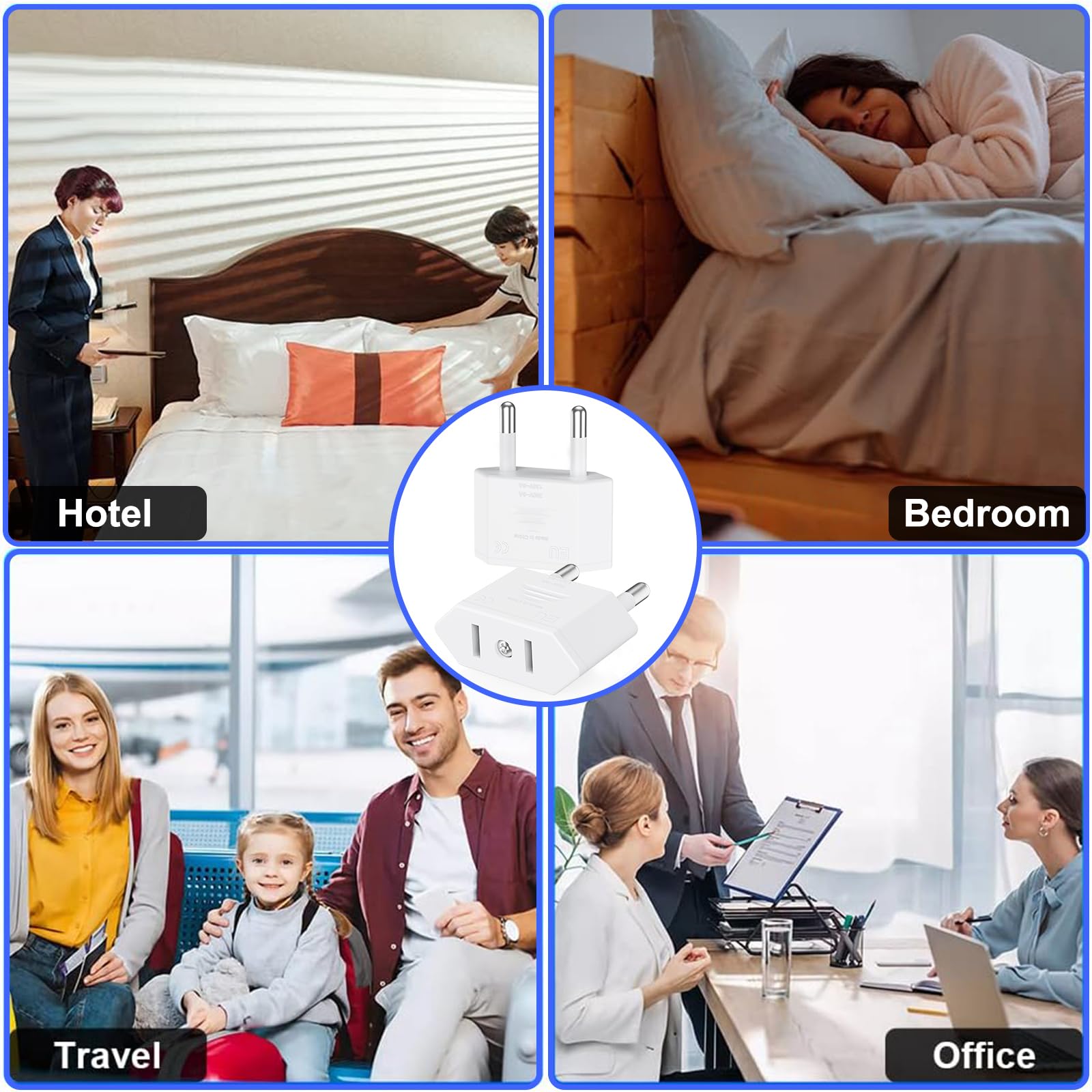 4 Pièces Adaptateur Prise USA vers France, Adaptateur Prise US vers EU (2 Broches) Prise Type A vers Type E/F pour Voyage Les États-Unis/Canada/Chine/Japon vers la France/l'europe - Blanc