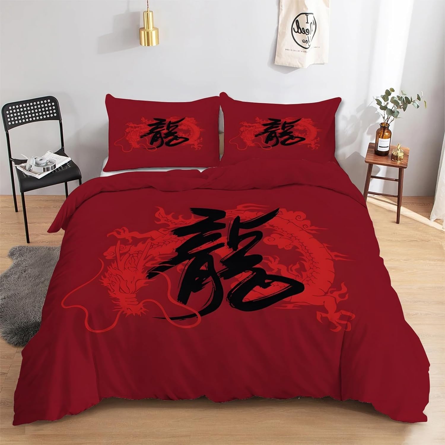 Housse de couette 200x200 dragon rouge imprimé microfibre drap lit adulte fermeture éclair