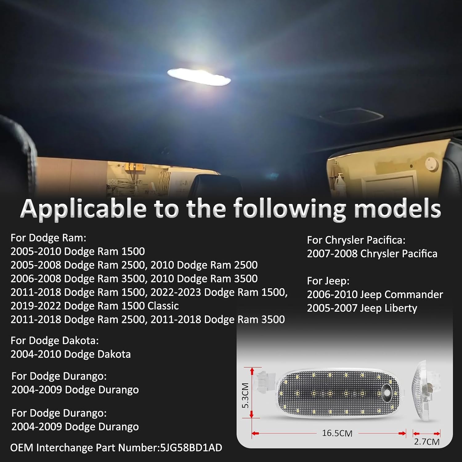 Bestview LED Interior Roof Map Dome Light Cover Lens Overhead with White LED PCB for 2005-2018 Dodge Ram 1500 2500 3500 4500 5500, Dodge Dakota Durango ＆ Jee-p Commander Liberty 6000K White