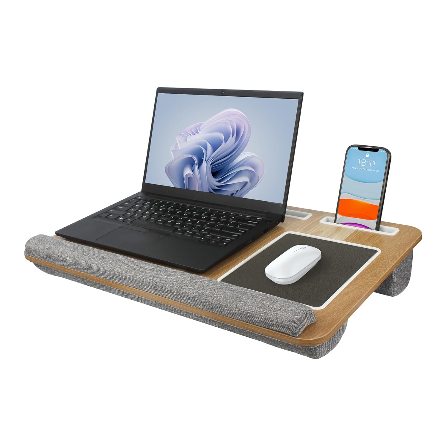 ترابيزة لابتوب بمخدة، صينية لاب توب مع قاعدة ماوس مدمجة، مسند للمعصم، فتحة للموبايل والتابلت، تناسب أجهزة اللاب توب حتى 17 بوصة، ترابيزة لاب توب محمولة للكنبة والسرير والمكتب - ناتشورال من سيميوكثوم