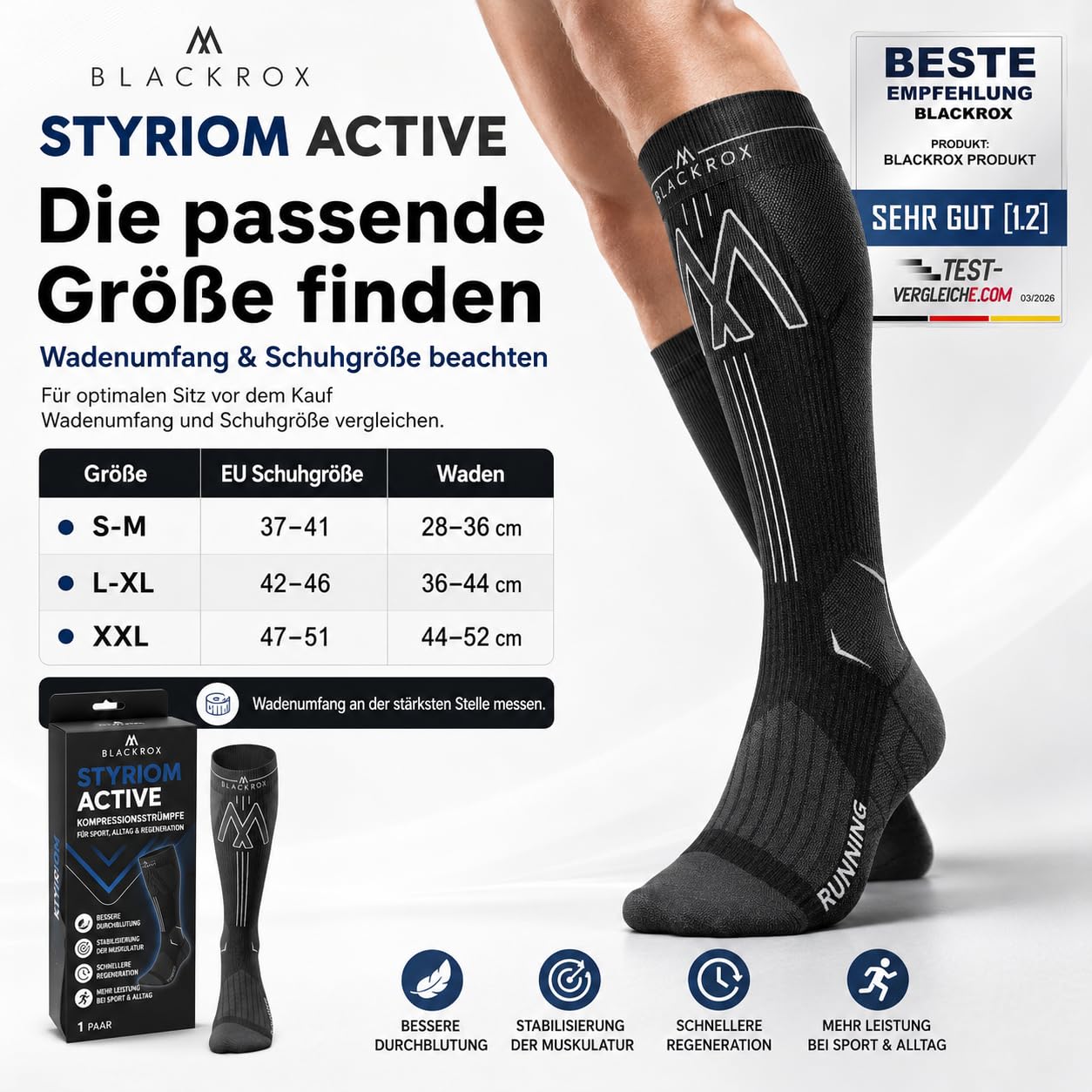 BLACKROX STYRIOM ACTIVE [Vergleichssieger 2026] Kompressionsstrümpfe Damen Herren 1 Paar, Sport & Alltag, atmungsaktiv, für Laufen, Fitness & Beruf