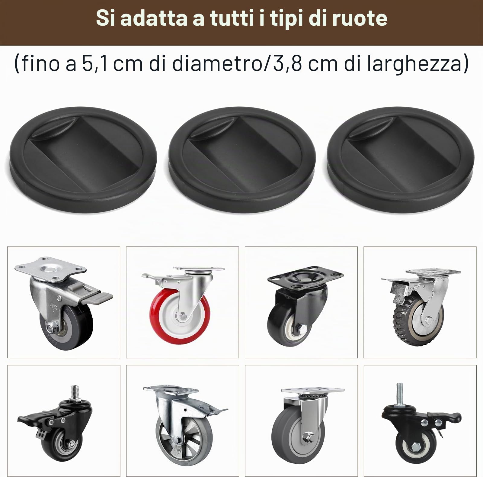 Coppe per ruote mobili, 6 pezzi anti-scivolo, per pavimenti in legno, mantengono tazza sicura con tappi gomma universali nero