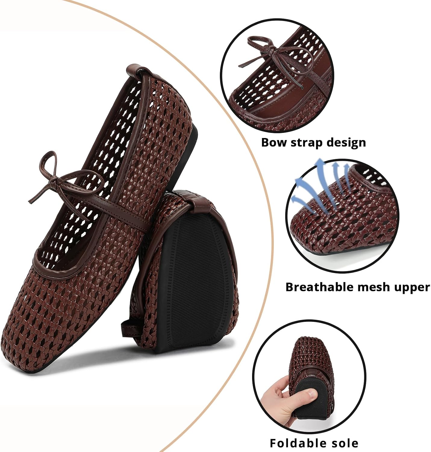 Women's Mesh Woven Ballet Flats Foldable Square Toe Mary Jane Shoe