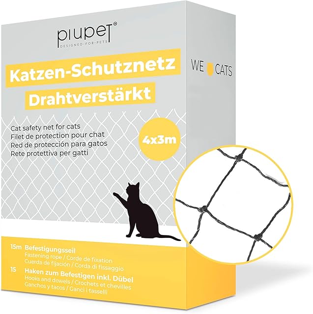 PiuPet® Cat Net wire-reinforced I 4x3m I black I Included fastening set I Netting for balcony and window I Balcony netting for cats