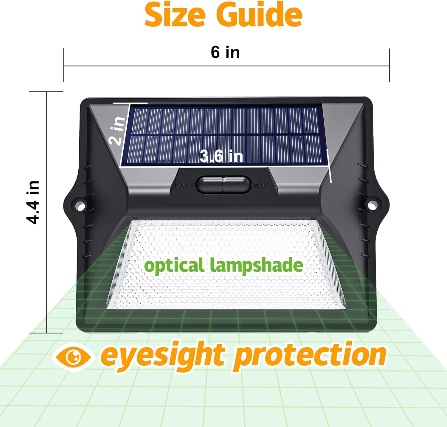 Diagram showing the dimensions of the intelamp solar fence light, measuring 6 inches in width and 4.4 inches in height, with a solar panel of 3.6 inches.