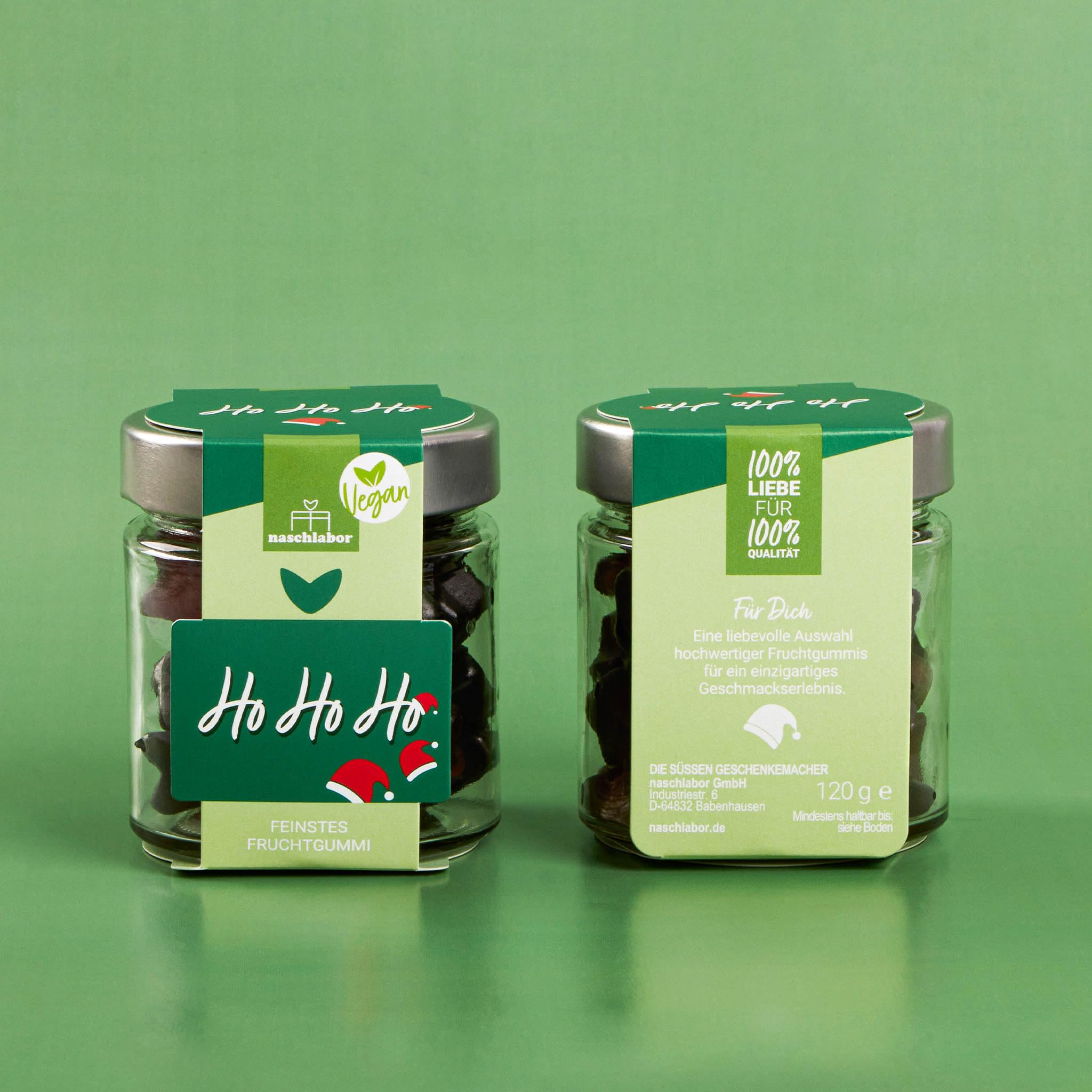 Vegan Ho Ho Ho Fruchtgummi in Geschenkglas 120g | Veganes Geschenk für Familie, Freunde und Kollegen | 20% sortenreiner Fruchtsaft | Mitbringsel Geschenk für Weihnachten und Nikolaus