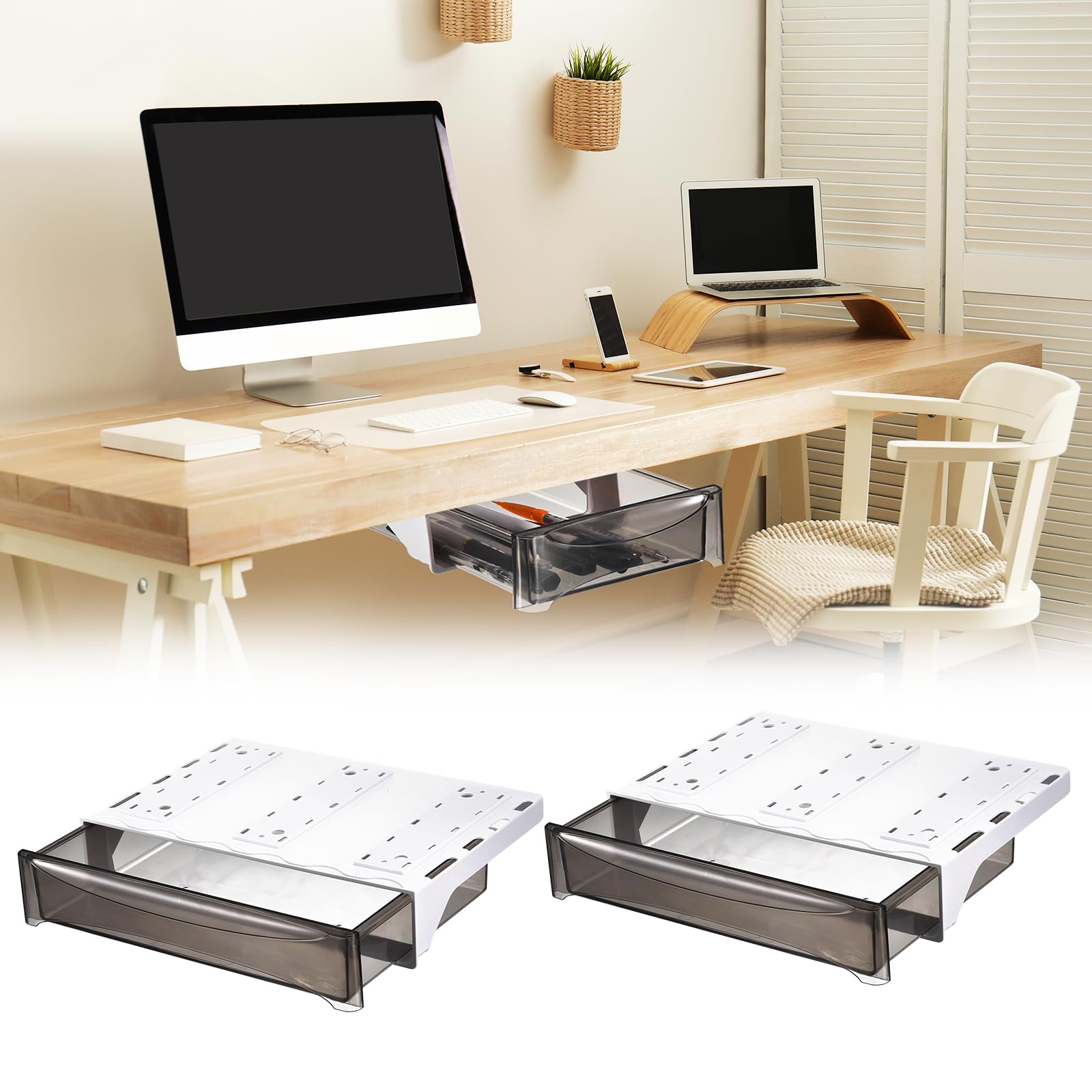 uxcell Under Desk Drawer, 2Pcs - Plastic Self-Adhesive Under Desk Storage Organizer, Slide Out Stationery Storage for Office Home (Black, 335x245 MM)