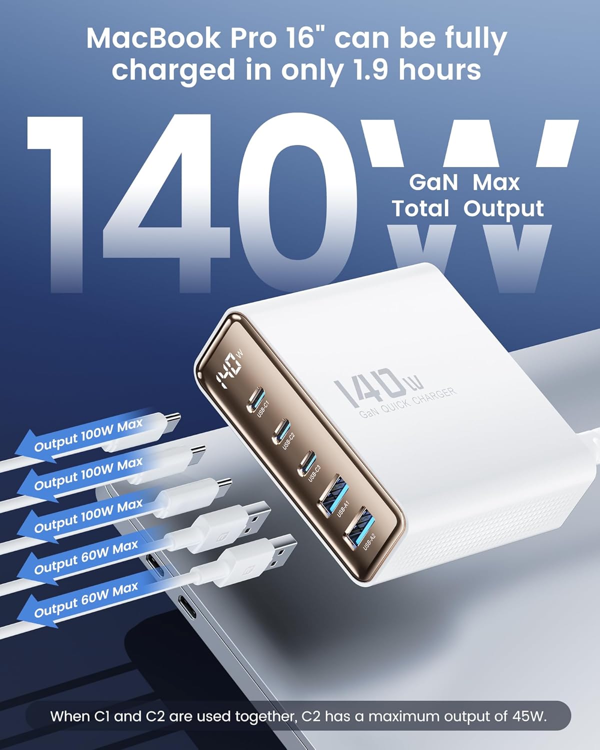 toocki 140W charger with multiple cables connected, showing individual port outputs