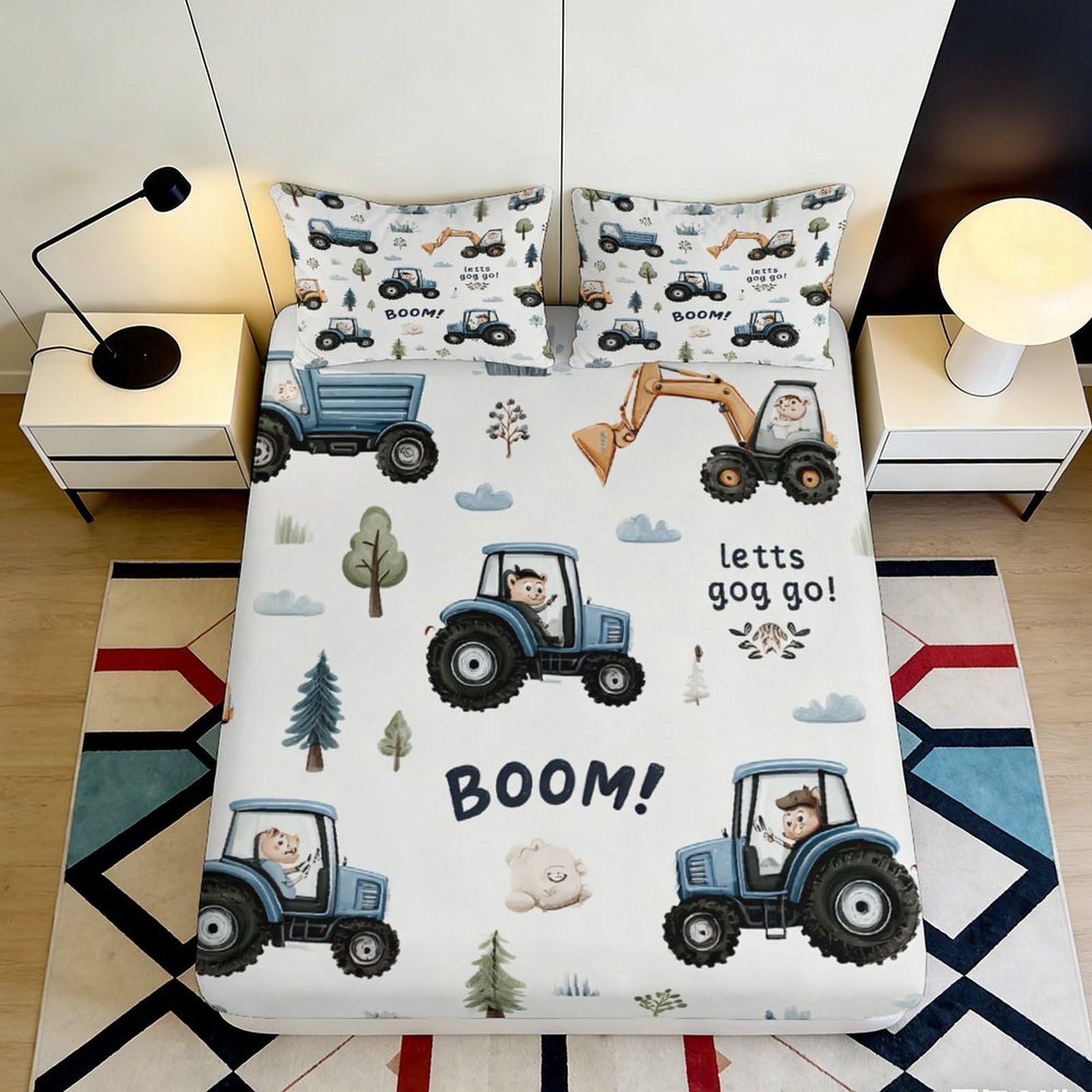 Pnayamiorkfel Style-8 3D Printed Cartoon Tractor Fitted Sheet Microfiber Soft Farm Animal Bed Cover For Bedroom Guest Room Decor Anti-Dust 90X200x25cm