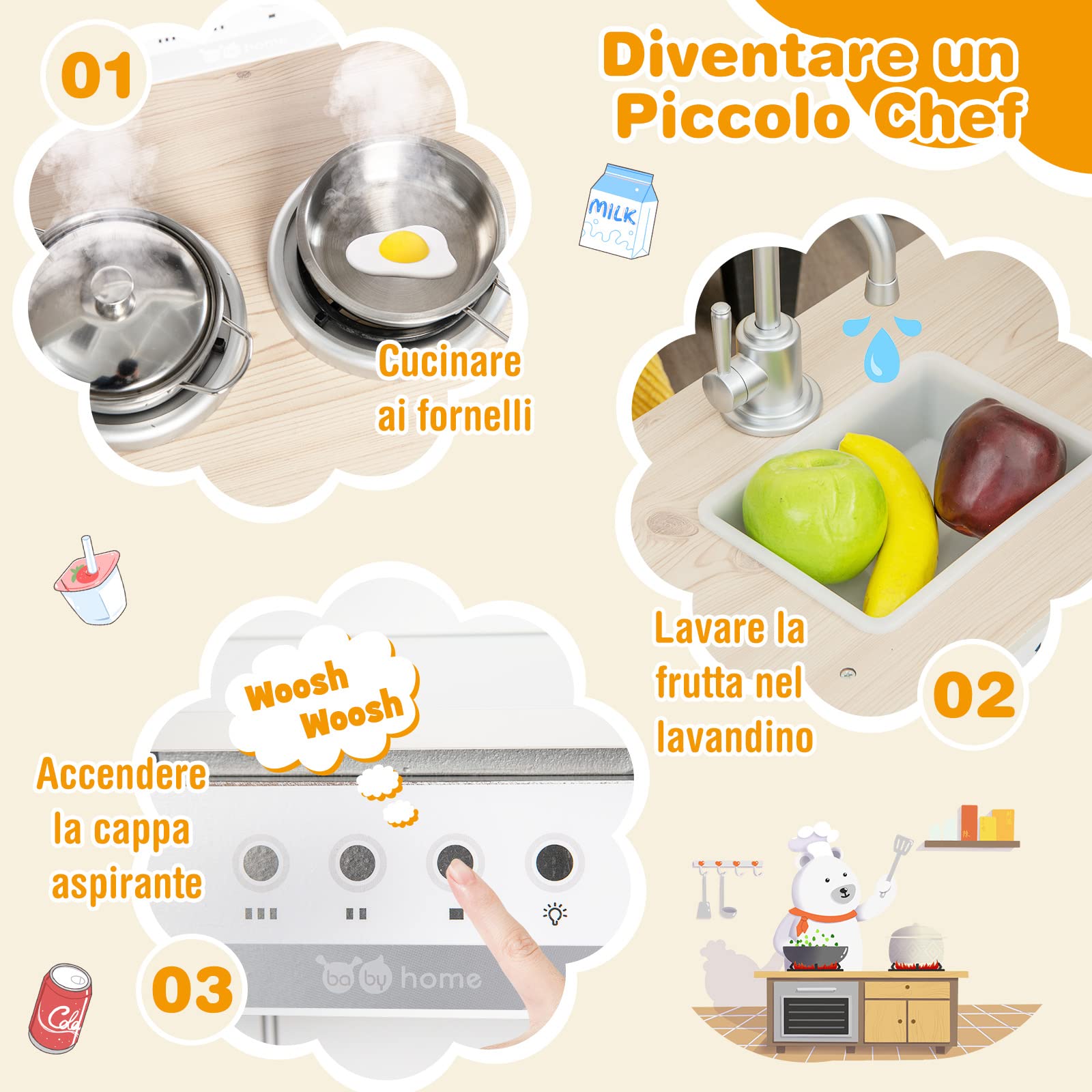 COSTWAY Cucina Giocattolo per Bambini, Cucina per Bambini in Legno con Lavello, Fornelli, Cappa, Frigorifero e Distributore d'Acqua, 3 Anni+