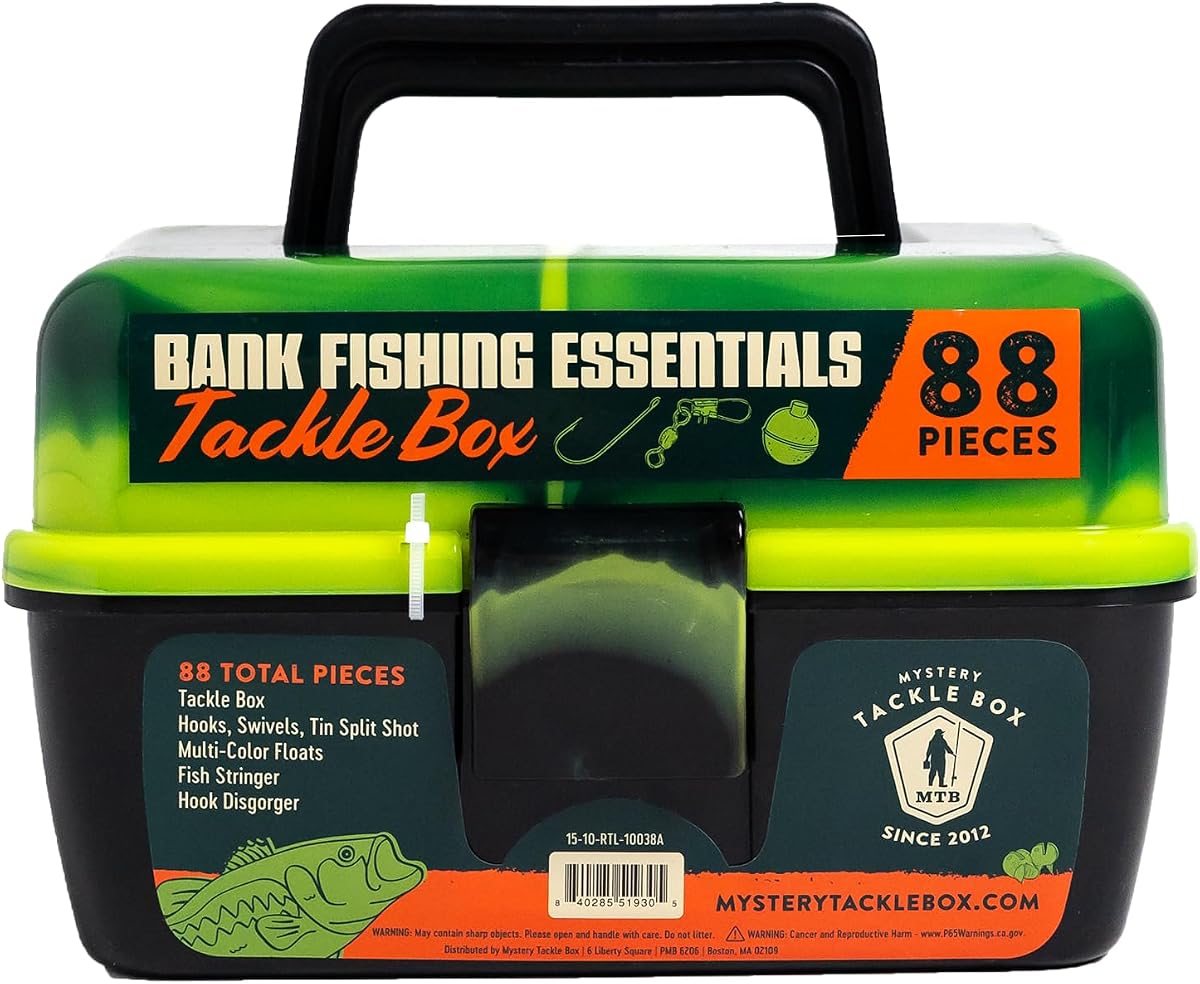 Catch Co Mystery Tackle Box Bank Caja de aparejos esenciales para pesca - Verde | 88 PIeces, Caja de aparejos, Pesca bancaria, Cebos, Jigs, Señuelos, Lubina, Peces de agua dulce, Regalo de pesca, Regalos de pesca para hombres