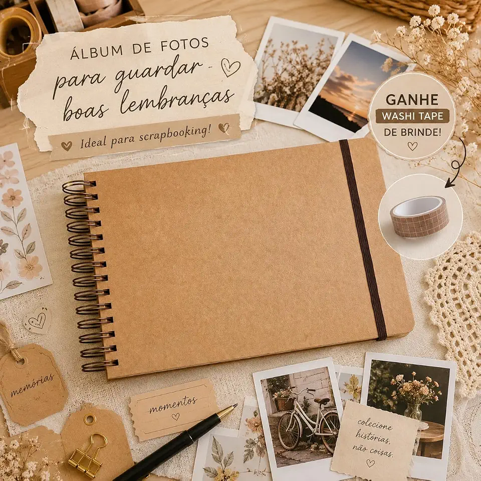 Álbum De Fotos Scrapbook Kraft, A4 27x19 cm, Espiral, 50 folhas/ 100 páginas gramatura 180g - Folhas Grossas, Folhas Kraft, Sketchbook Caderno