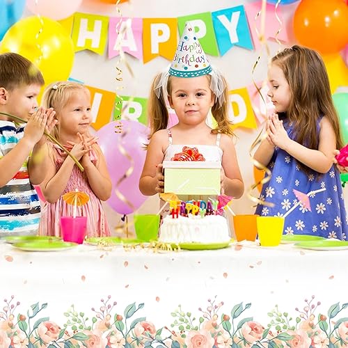 Miniatura 4 de Paquete de 6 manteles rectangulares desechables de plástico con diseño floral de primavera (108 x 54 pulgadas), manteles florales rosas para