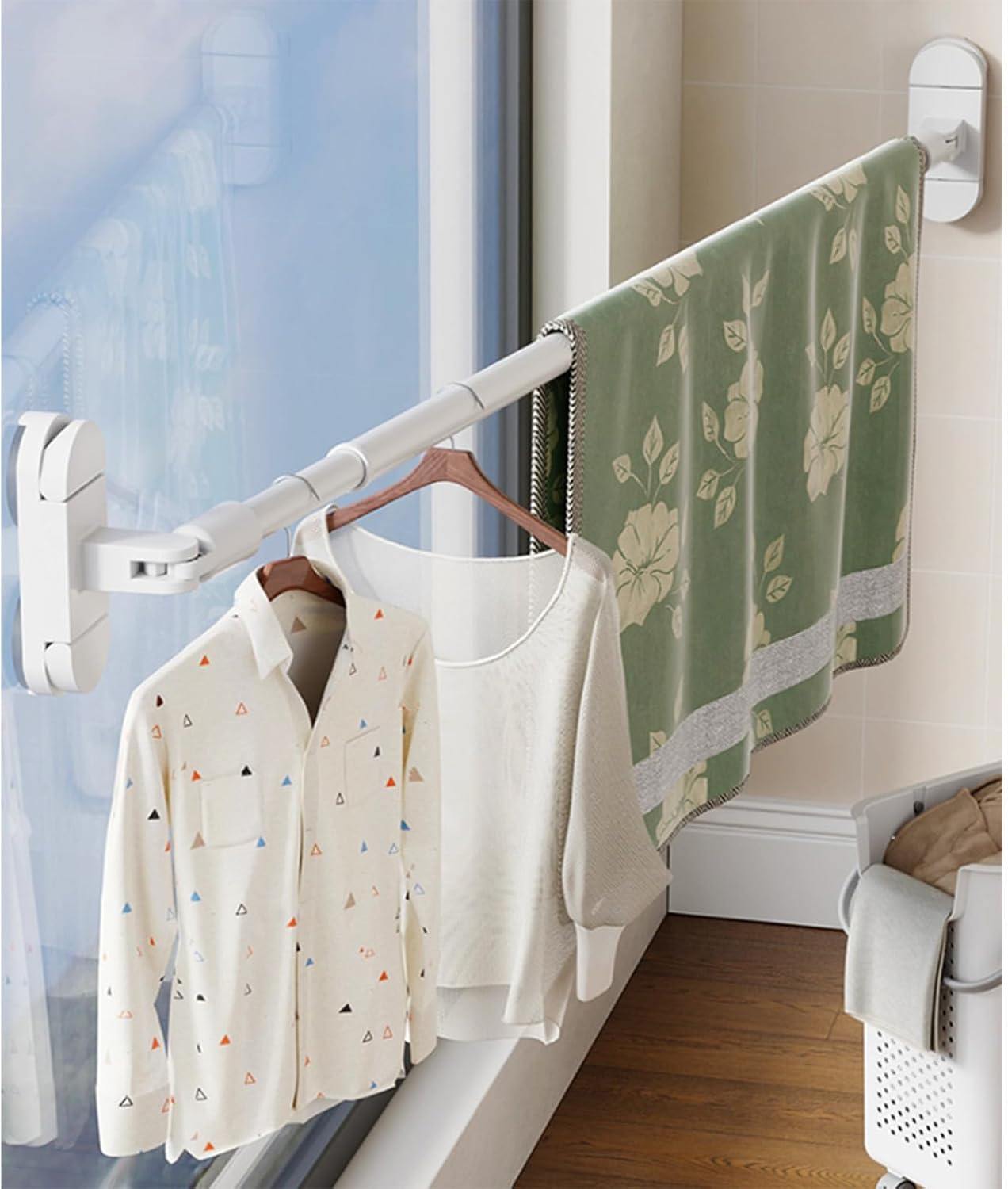 Shower Curtain Rod 44 Inch 1 Inch Diameter Heavy Duty Shower Rod Suction Cup Tension Curtain Rod for Window Adjustable White Towel Racks for Bathroom No Drilling Waterproof