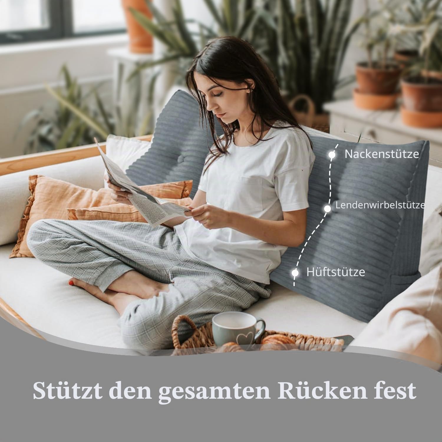 Rückenkissen Keilkissen Rückenlehne Kissen für Bett Sofa Kopfteil Gepolstert Bettkissen Wandkissen Sofakissen Groß Rueckenkissen Couchkissen Dekokissen Kordsamt Grau 100cm
